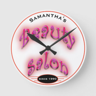 Any Name Pink Glow on White Beauty Salon - Round Clock