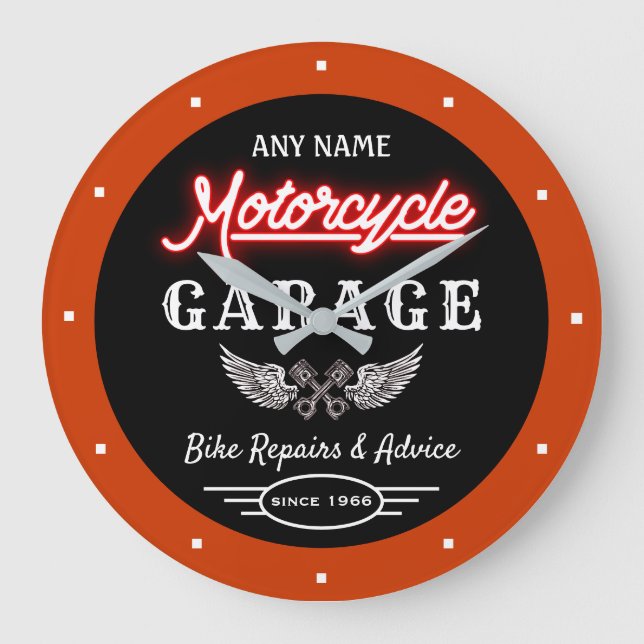 Any Name Red Faux Neon Garage Date Orange Black  Large Clock (Front)