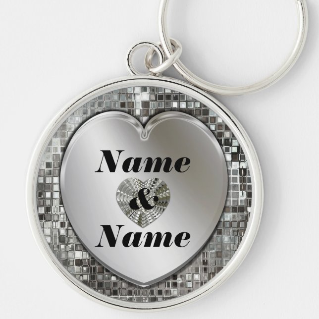 Any Names On Sparkling Silver Heart Large Keychain (Front)
