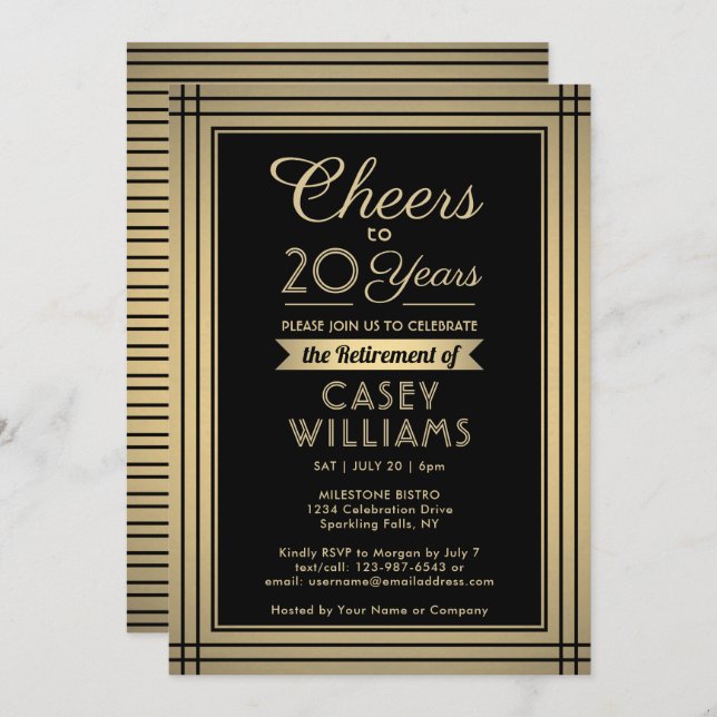 ANY Number Retirement Party Cheers Black and Gold Invitation (Front/Back)