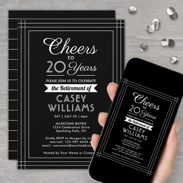 ANY Number Retirement Party Cheers Black and White Invitation (Creator Uploaded)