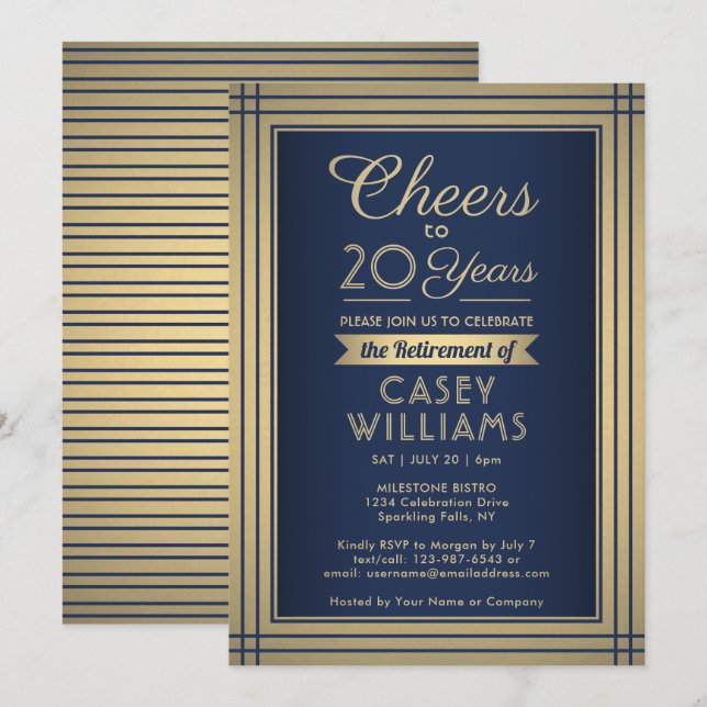 ANY Number Retirement Party Cheers Navy Blue Gold Invitation (Front/Back)