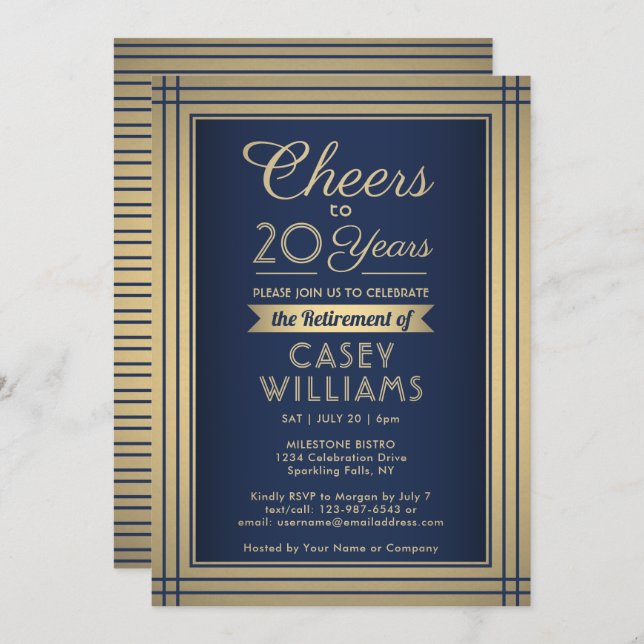 ANY Number Retirement Party Cheers Navy Blue Gold Invitation (Front/Back)