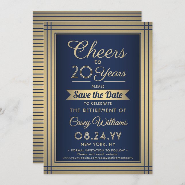 ANY Number Retirement Party Cheers Navy Blue Gold Save The Date (Front/Back)