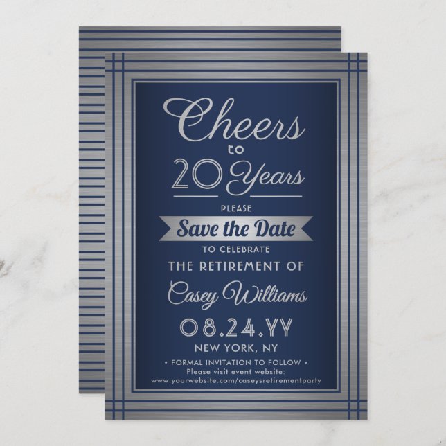 ANY Number Retirement Party Cheers Navy Blue Save The Date (Front/Back)