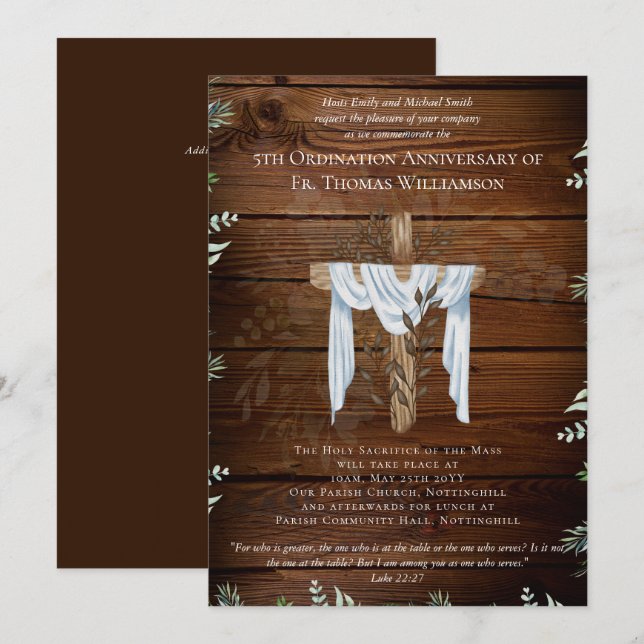 ANY Ordination Anniversary Invitation Rustic Wood (Front/Back)
