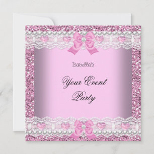 Any Party Glitter Pink Lace Heart Silver Invitation
