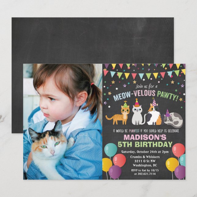 ANY PHOTO - Cat Kitten Birthday Chalk Invitation (Front/Back)