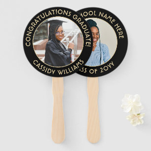 Any Quote 2 Photo Black and Gold Modern Graduation Hand Fan