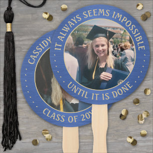 Any Quote 2 Photo Brushed Blue and Gold Graduation Hand Fan