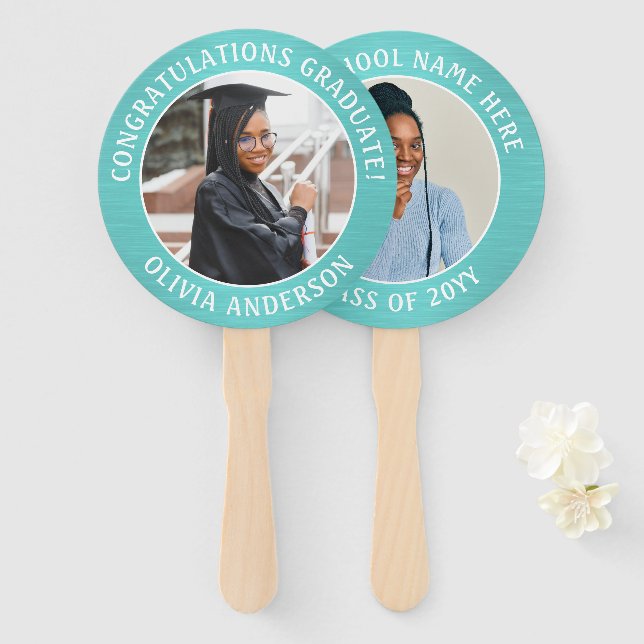 Any Quote 2 Photo Teal Blue and White Graduation Hand Fan (Front and Back)
