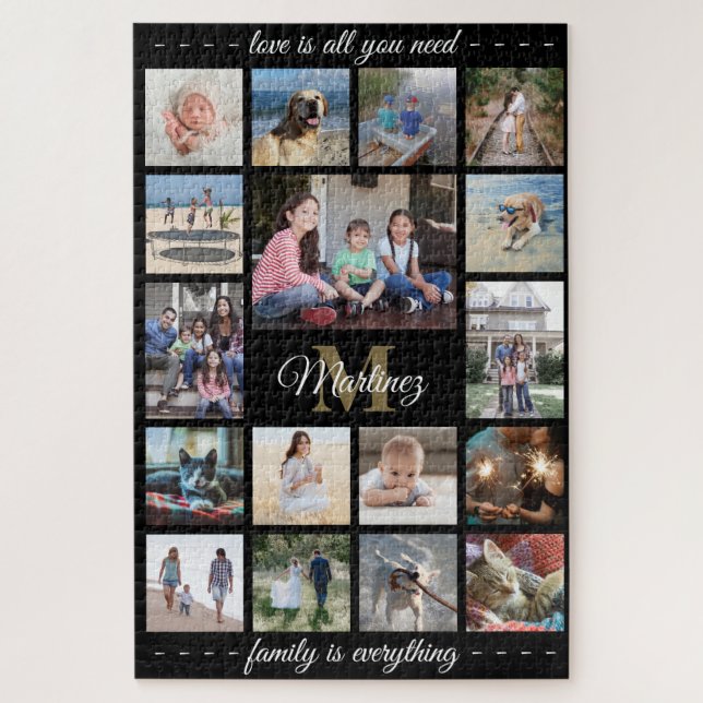 Any Quote Family Photo Collage Gold Black Monogram Jigsaw Puzzle (Vertical)