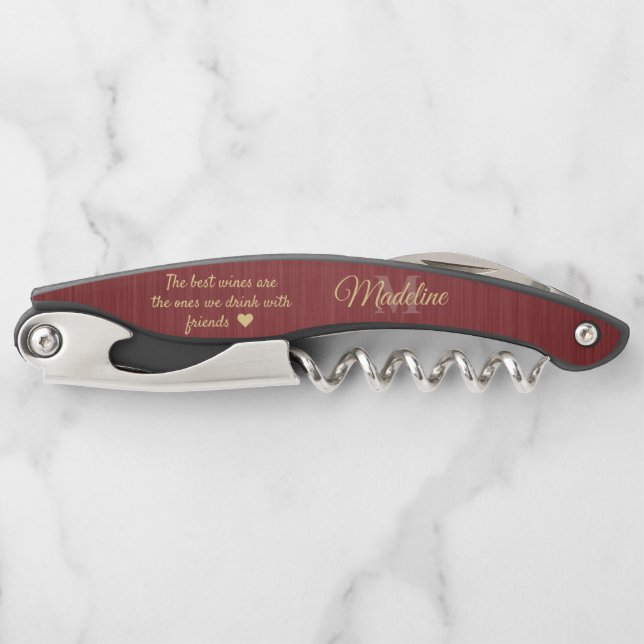Any Quote Script Monogram Brushed Burgundy & Gold Corkscrew (Front)