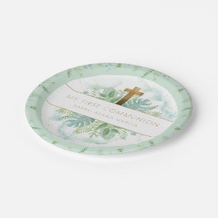 Any Religious Event, Elegant Green Blue Greenery Paper Plate