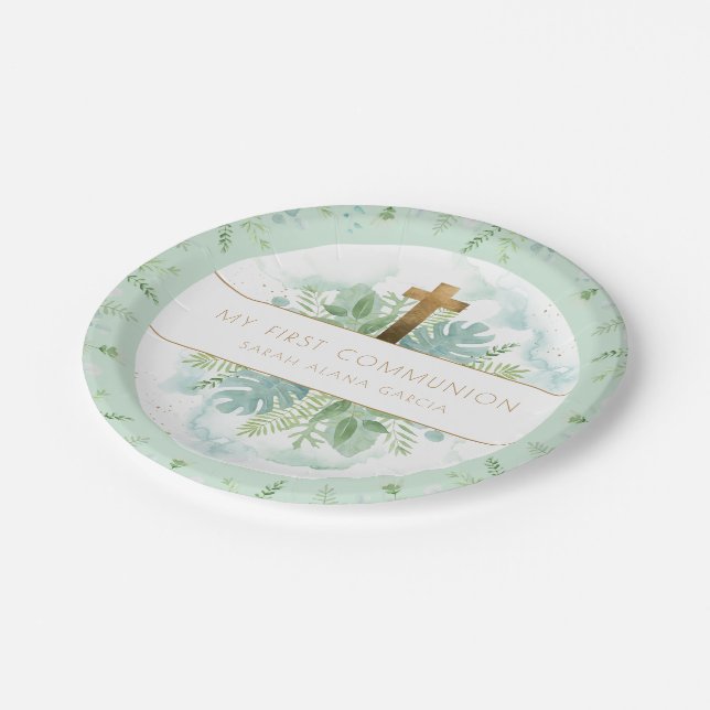Any Religious Event, Elegant Green Blue Greenery Paper Plate (Angled)