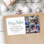 Any Script Christmas Photo Green Return Address Label<br><div class="desc">Add a stylish finishing touch to holiday card envelopes with modern custom photo return address labels. The picture and all text on this template are simple to personalise with any wording, such as Merry Christmas, Happy Holidays, Seasons Greetings, or Happy New Year. As an option, change script the typography to...</div>