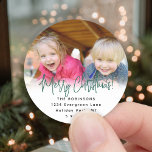 Any Script Round Photo Green Return Address Labels<br><div class="desc">Add a stylish finishing touch to holiday card envelopes with modern custom photo round return address labels. The picture and all text on this template are simple to personalise with any wording, such as Merry Christmas, Happy Holidays, Seasons Greetings, or Happy New Year. As an option, change script typography to...</div>