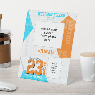 ANY team colors soccer team + athlete photo Pedestal Sign