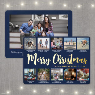 Any Text 11 Photo Collage Simple Navy Blue & Gold Foil Holiday Card