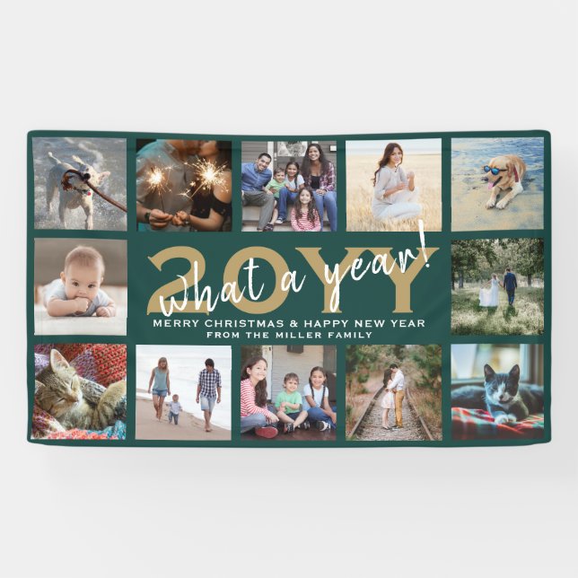 Any Text 12 Photo Christmas New Year Green Holiday Banner (Horizontal)