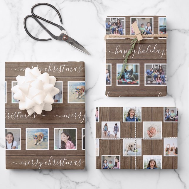 Any Text 12 Photo Collage Rustic Wood Christmas Wrapping Paper Sheet (Creator Uploaded)