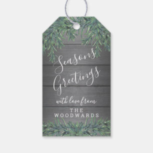 Any Text 1 Photo Holiday Greenery Rustic Grey Wood Gift Tags