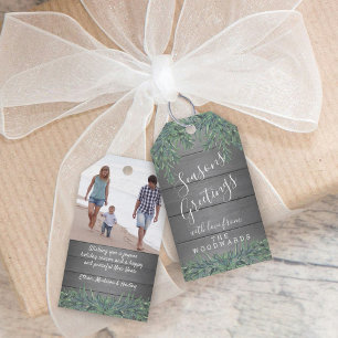 Any Text 1 Photo Holiday Greenery Rustic Grey Wood Gift Tags