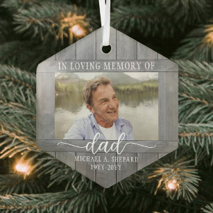 Any Text 1 Photo Memorial Grey Faux Wood Hexagon Glass Tree Decoration