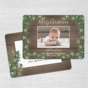 Any Text 1 Photo Rustic Wood Pine & String Lights Holiday Card