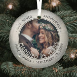 Any Text 1 Photo Silver 25th Wedding Anniversary Glass Tree Decoration<br><div class="desc">Celebrate a joyful 25th wedding anniversary with a custom photo "Married 25 Years" round glass faux brushed silver Christmas ornament. Picture andn all text on this template are simple to personalize and can be different or the same on front and back. (IMAGE & TEXT DESIGN TIPS: 1) To adjust position...</div>