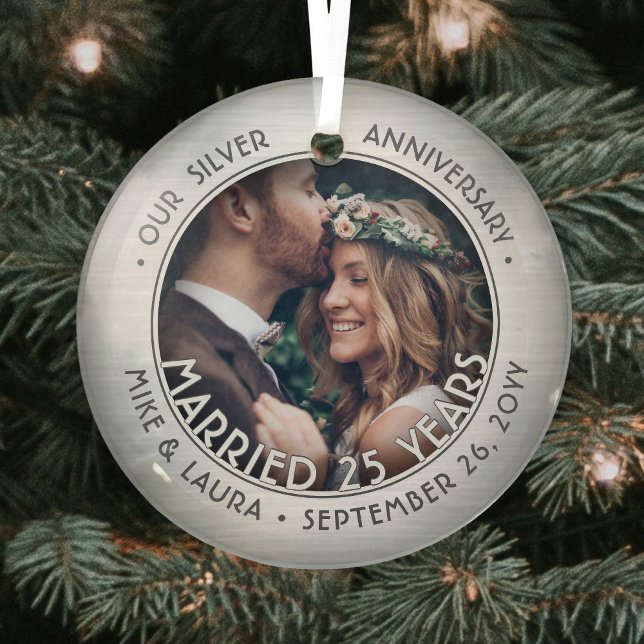 Any Text 1 Photo Silver 25th Wedding Anniversary Glass Tree Decoration (Creator Uploaded)