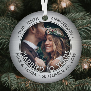 Any Text 2 Photo 10th Wedding Anniversary Faux Tin Metal Tree Decoration