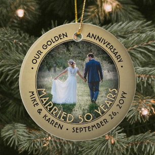 Any Text 2 Photo Golden 50th Wedding Anniversary Ceramic Tree Decoration