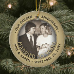 Any Text 2 Photo Golden 50th Wedding Anniversary Ceramic Tree Decoration<br><div class="desc">Celebrate a joyful golden 50th wedding anniversary with a custom 2 photo "Married 50 Years" black and gold round ceramic ornament. All text and images on this template are simple to personalize and can be different or the same on front and back. (IMAGE & TEXT DESIGN TIPS: 1) To adjust...</div>