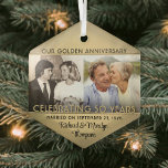 Any Text 2 Photo Golden 50th Wedding Anniversary Glass Tree Decoration<br><div class="desc">Celebrate a joyful golden 50th wedding anniversary with a custom 2 photo "Married 50 Years" black and gold hexagon-shaped glass Christmas ornament. Pictures and all wording on this template are simple to personalize. Design features a gold faux foil background, stylish vintage art deco style typography, the couple's names & date,...</div>