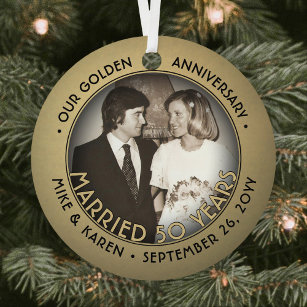 Any Text 2 Photo Golden 50th Wedding Anniversary Metal Tree Decoration