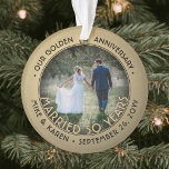 Any Text 2 Photo Golden 50th Wedding Anniversary Ornament<br><div class="desc">Celebrate a joyful golden 50th wedding anniversary with a custom 2 photo "Married 50 Years" black and gold round acrylic Christmas ornament. All text and images on this template are simple to personalise and can be different or the same on front and back. (IMAGE & TEXT DESIGN TIPS: 1) To...</div>
