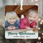 Any Text 2 Photo Green Retro Typography Simple Metal Tree Decoration<br><div class="desc">Celebrate the simple joys of the holidays with a custom 2 photo retro typography square metal ornament. Pictures and all text on this template are easy to customise and can be different or the same on front and back. It can include any wording, such as Merry Christmas, Happy Holidays, Best...</div>