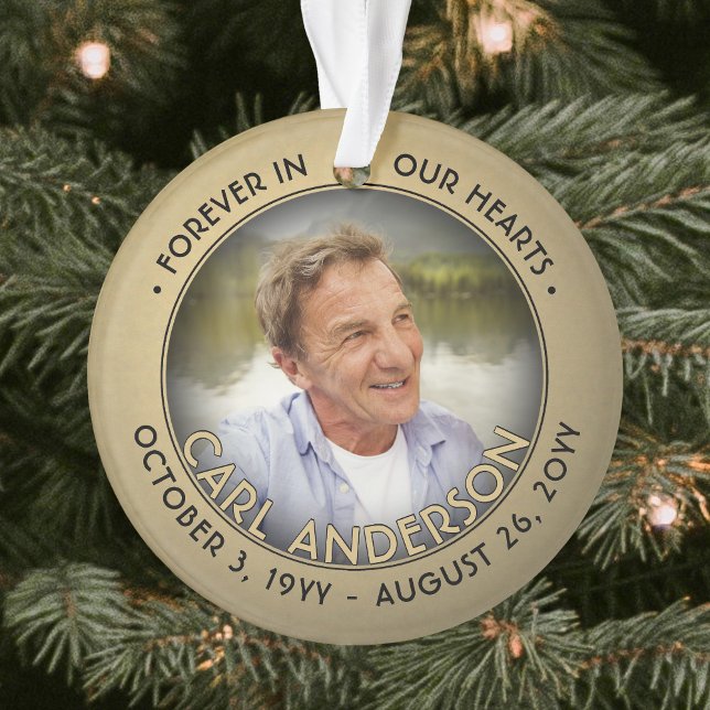 Any Text 2 Photo Memorial Black and Gold Faux Foil Ornament (Creator Uploaded)