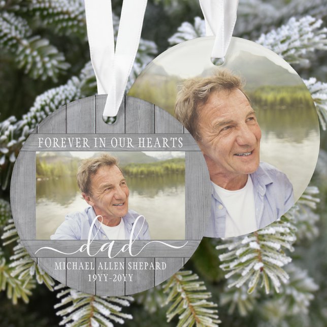 Any Text 2 Photo Memorial Simple Gray Faux Wood Ornament (Creator Uploaded)