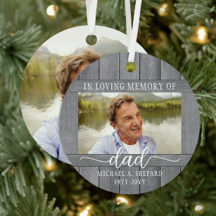 Any Text 2 Photo Memorial Simple Grey Faux Wood Metal Tree Decoration