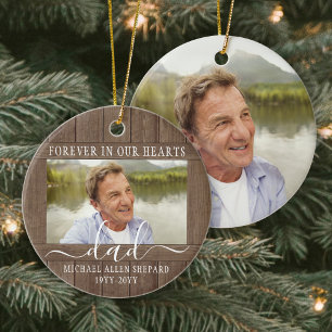 Any Text 2 Photo Memorial Simple Rustic Faux Wood Ceramic Tree Decoration