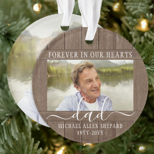 Any Text 2 Photo Memorial Simple Rustic Faux Wood Ornament