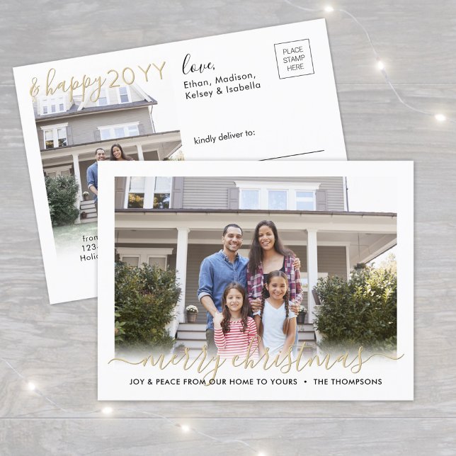 Any Text 2 Photo Merry Xmas & Happy New Year Gold Holiday Postcard (Creator Uploaded)