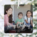 Any Text 2 Photo Modern Brushed White Script Metal Tree Decoration<br><div class="desc">Celebrate the simple joys of the holidays with a custom 2 photo overlay square metal ornament. Pictures and all text on this template are easy to customise and can be different or the same on front and back. It can include any wording, such as Merry Christmas, Happy Holidays, My First...</div>