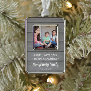 Any Text 2 Photo Modern Grey Wood Family Keepsake Silver Plated Framed Ornament