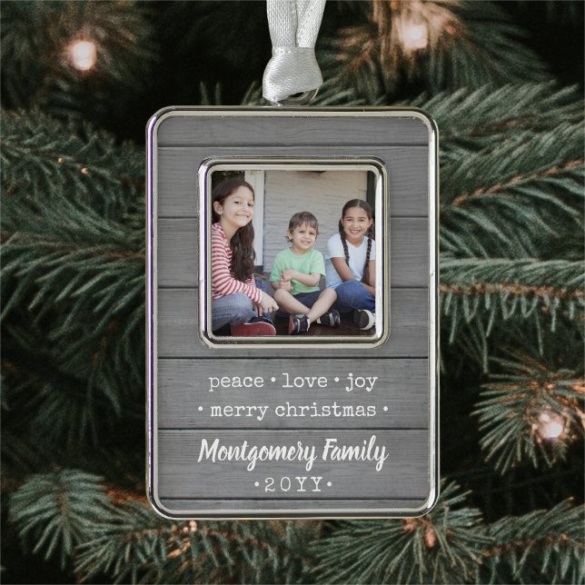Any Text 2 Photo Modern Grey Wood Family Keepsake Silver Plated Framed Ornament (Creator Uploaded)