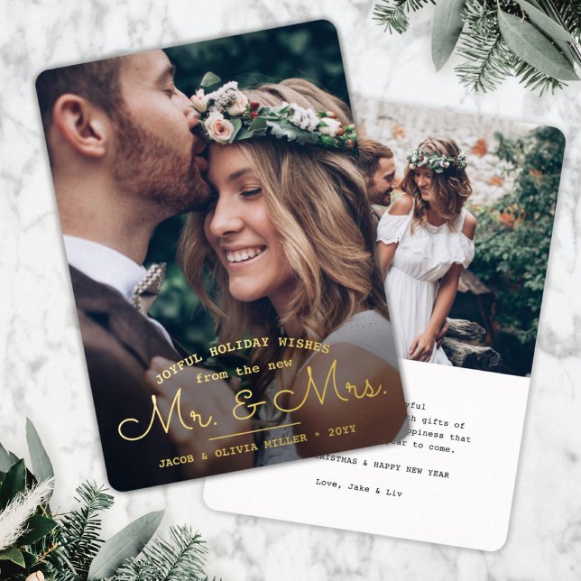 Any Text 2 Photo New Mr. & Mrs. Joyful Wishes Foil Holiday Card (Creator Uploaded)