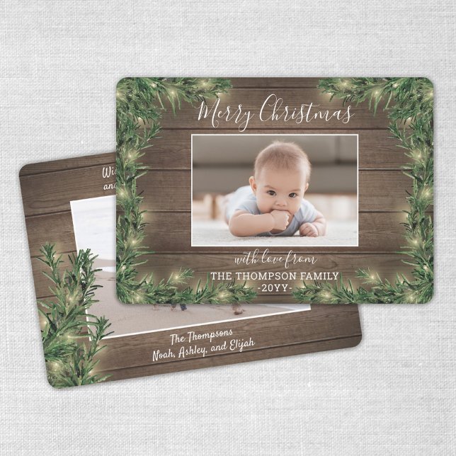 Any Text 2 Photo Rustic Wood, Pine & String Lights Holiday Card (Creator Uploaded)
