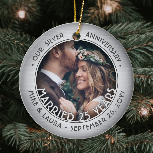 Any Text 2 Photo Silver 25th Wedding Anniversary Ceramic Tree Decoration (Creator Uploaded)